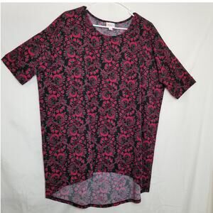 LuLaRoe Pullover Red Black Green Top Short Sleeves Round Neck Hi-Low Hem Size M